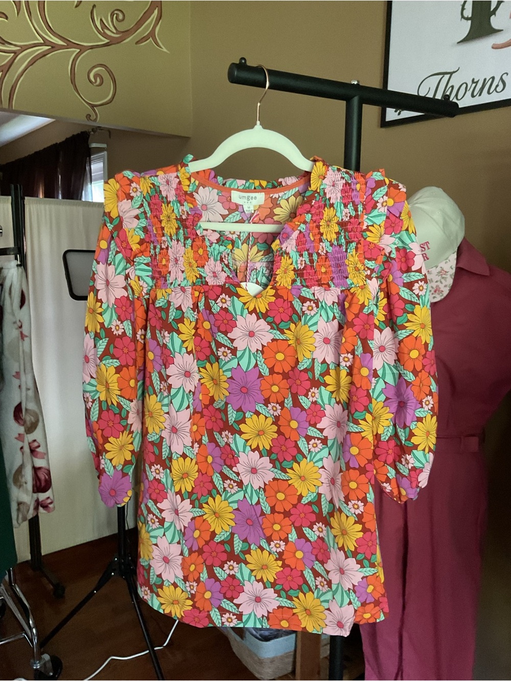 Umgee Pink Multi Floral Smocked Yoke Blouse